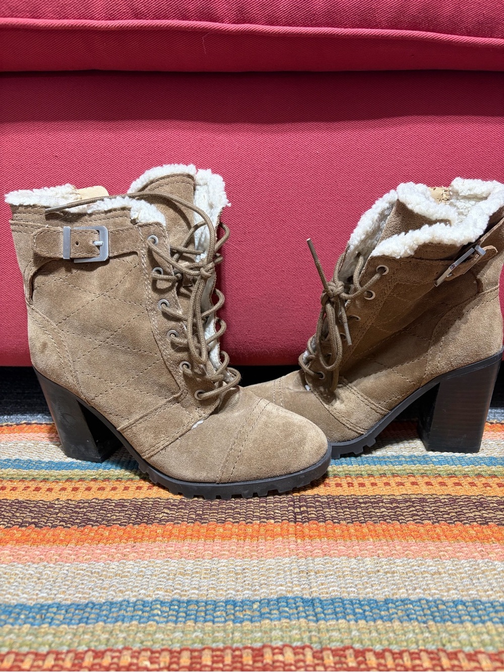 Women's Tan Suede Lace-Up Shearling Ankle Boots